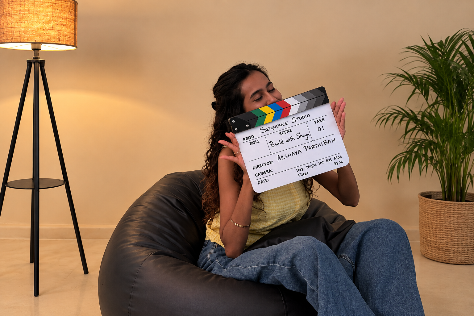 Akshaya Parthiban holding a film clapperboard during a production shoot.